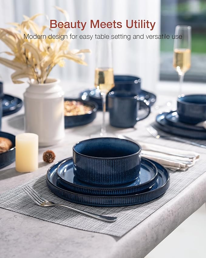 Famiware Star Plates and Bowls Sets, Modern Stoneware Dinnerware Sets for 6, 18-Piece Kitchen Dish Set - Chip and Scratch Resistant, Microwave and Dishwasher Safe Tableware, Nebulas Blue