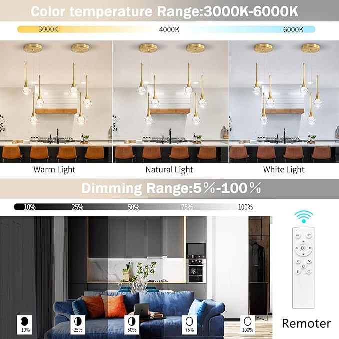 cenzoz 3-Lights Modern Pendant Lights for Kitchen Island LED Dimmable Crystal Glam Ceiling Pendant Lighting Chandelier for Dining Room Hallway Bedroom Corner Lamp Antique Gold