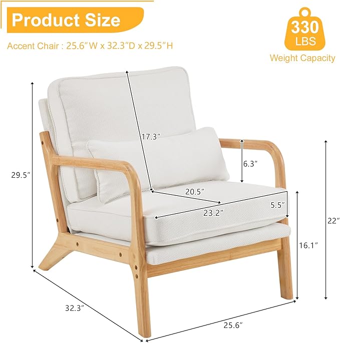 Karl home Accent Chair Mid-Century Modern Chair with Pillow Upholstered Lounge Arm Chair with Solid Wood Frame & Soft Cushion for Living Room, Bedroom, Balcony, Linen White (Low Back)
