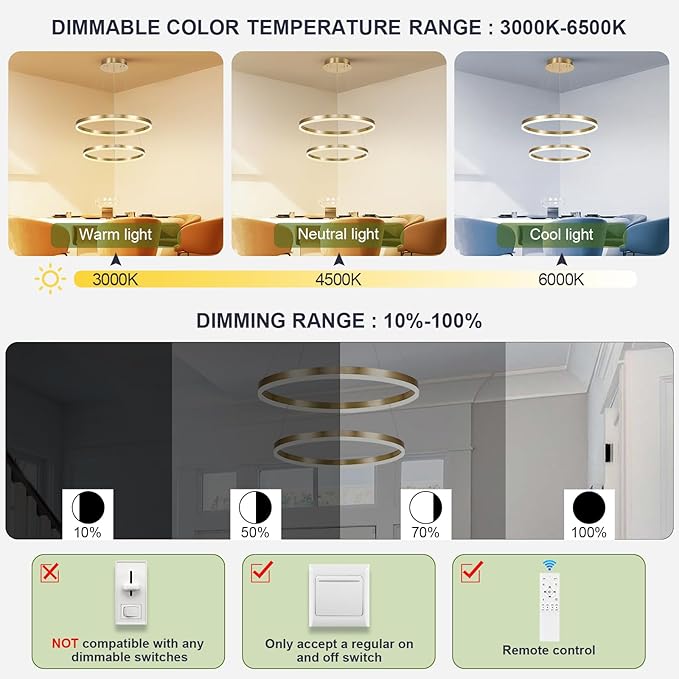 2-Rings Modern LED Chandelier Gold for Dining Room, Circular Flush Mount Ceiling Chandelier Light Dimmable Pendant Light with Remote Control for Living Room Entrance Foyer, 3000K-6500K