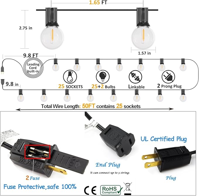 Outdoor String Lights 50FT G40 LED Globe Bulbs - Shatterproof, Connectable, Waterproof - 27 Bulbs (2 Extra), 25 E12 Hanging Lights for Patio, Bistro, Pergola, Gazebo
