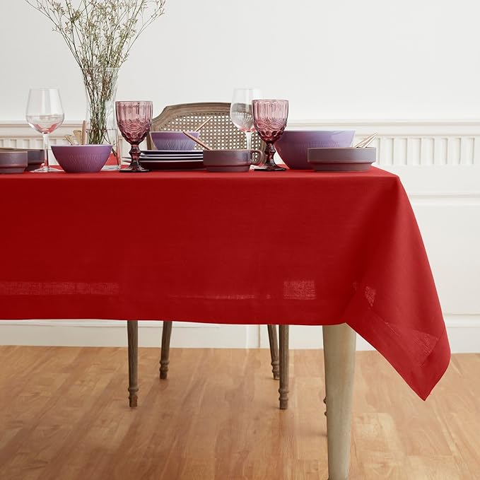 Solino Home Linen Red Tablecloth 60 x 144 Inch - 100% Pure Linen Rectangular Tablecloth - Machine Washable Table Cloth for Christmas, Fall, Autumn - Fete