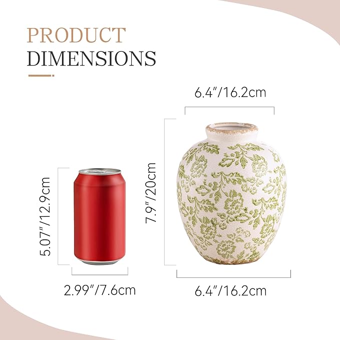 Ceramic Vintage Vase, Green Flower Decorative Vase Chinoiserie Decor Rustic Farmhouse Retro Floral Vases for Table Bookshelf Mantel Kitchen Living Room Office- 7.8inch