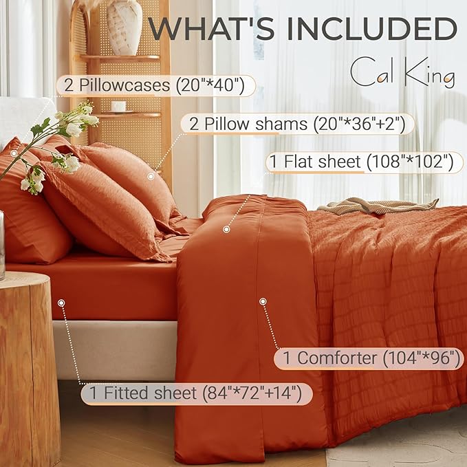 MUXHOMO 7 Pieces California King Comforter Set, Seersucker Bed in a Bag Cal King Size, All Season Luxury Bedding Set with Comforter, Flat Sheet, Fitted Sheet, Pillowcases & Shams, Burnt Orange