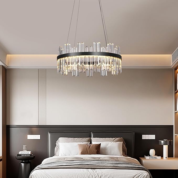 Black Led Modern Crystal Chandelier: 23.6" Round K9 Luxury Clear Crystals 3 Color Dimmable Contemporary Chandeliers for Dining Room Lights over Table - Adjustable Height Living Room Light with Remote