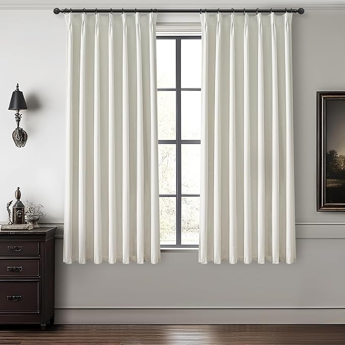 Beige White Pinch Pleated Linen Mini Curtains for Small Window 2 Panels Set, Pretty 100% Blackout Curtains 45 Inches Long Hooks Rings Back Tab for Kitchen Windows Insulated Privacy Drapes