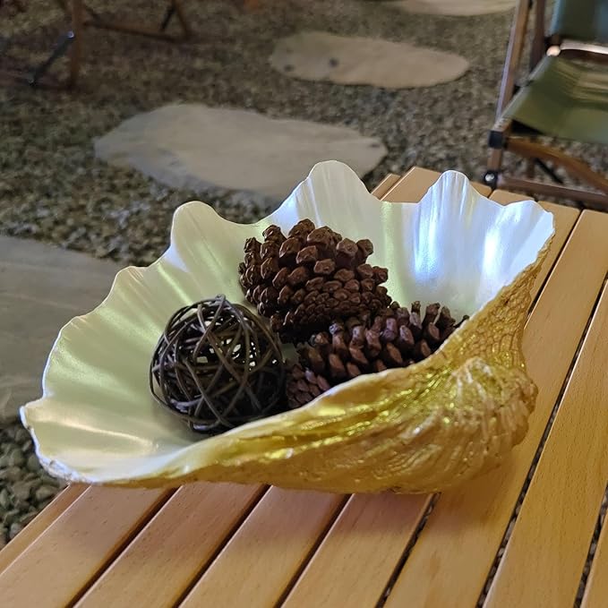 Medium Pearl White Gold Scalloped Clam Shell Bowl Sea Shell Decor for Nautical Beach House,Coastal Decor Gift of Housewarming and Wedding Party