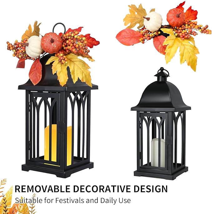 Bdor 2 Pack Fall Lantern Decor with LED Candle – 15 Inch Harvest Pumpkin Maple Leaf Hanging Lantern for Autumn Thanksgiving Table Centerpiece Indoor Outdoor Decoration, Battery Operated
