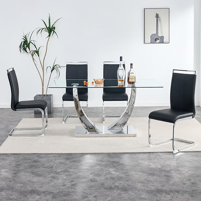63” Glass Dining Table Set for 4,Modern Dining Room Table Set for 4, Kitchen Table and PU Leather Chairs, Dinner Table with Rectangle Tempered Glass Top and Chrome Silver Base