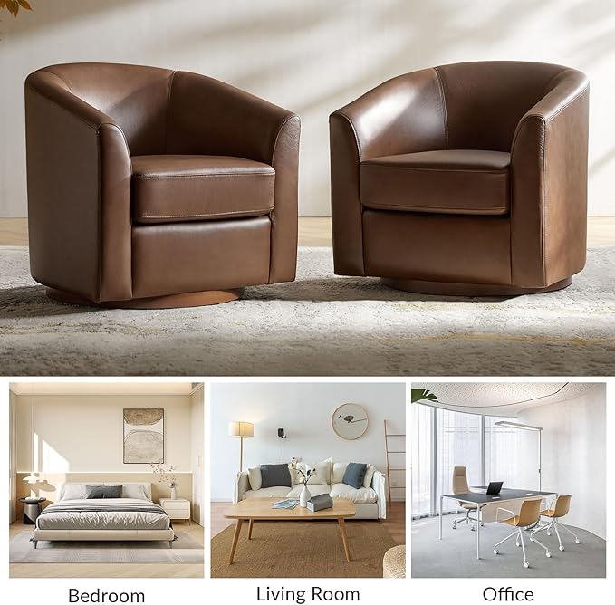 HULALA HOME Genuine Leather Swivel Accent Chair with Solid Wood Base, Round Swivel Barrel Chair for Living Room and Bedroom, Brown