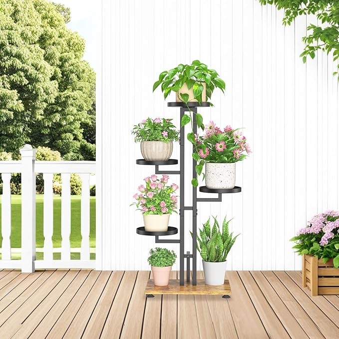 LASZOLA Black 4 Tiered Plant Stand Indoors Heavy Duty Metal Rack, Sturdy Multi Level Shleving Hold Flowers, Larger House Decorate Ladder for Planting Inside Tree Herb Cactus, Wooden Base, Space Saving