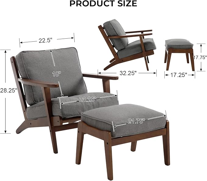 Living Room Accent Chairs Mid Century Modern Reading Arm Chair with Ottoman, Fabric Bedroom Chair with Soild Wood Frame, Elegant Upholstered Side Chair, Grey-Fabric