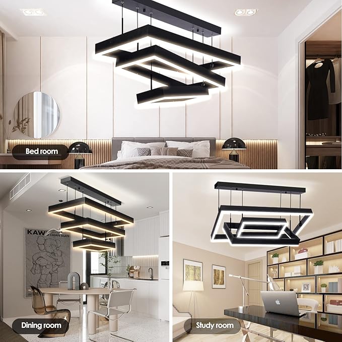 Modern 3 Rings Rectangle Chandelier for Living Room - Adjustable Height Luxury Foyer Lighting Fixture for High Ceiling, Hanging Dining Room LED Pendant Light