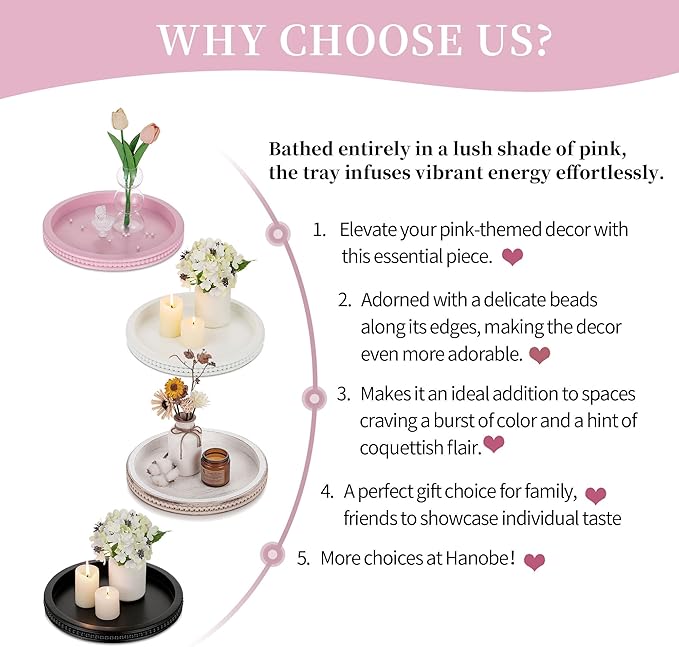 Hanobe Pink Tray Decorative Round: Beaded Perfume Trays Decor for Dresser Circle Vanity Makeup Serving Tray for Ottoman Coffee Table Bathroom Counter