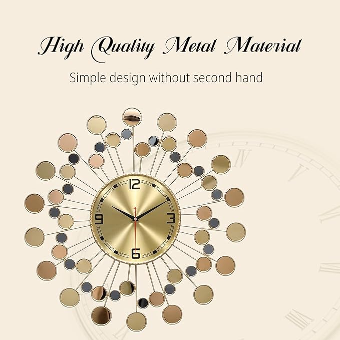 Wall Clock 22.83 Inch Gold - Large Sunburst Clock Non-Ticking Battery Operated, Starburst Round Wall Watch with Shell Disc Decoration for Living Room Bedroom Kitchen Office Home Decor