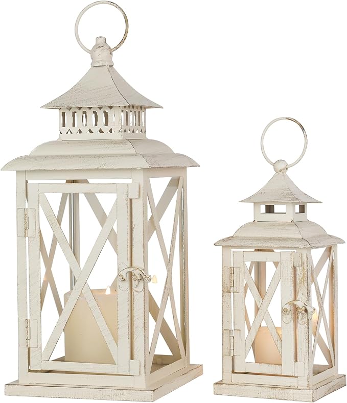 Lanterns Decorative Outdoor&Indoor, Set of 2 (14"&10") Beige Metal Lantern Decor with Glass, Candle Holder for Porch, Patio, Garden, Balcony, Wedding, Table Centerpiece