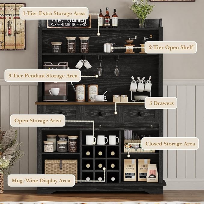 63 Inch Tall Coffee Bar Cabinet with 3-Tier Storage, Kitchen Hutch with 3 Drawers, Farmhouse Coffee Bar with 9 Racks & 3 Glass Holders, Wine Bar Cabinet for Living Dining Room, Black