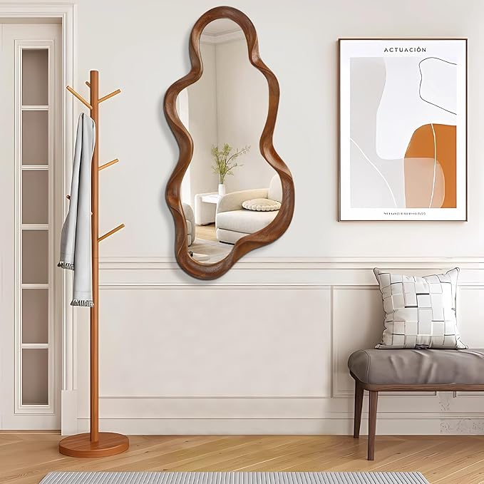 Irregular Wood Frame Mirror Asymmetrical Mirrors for Wall Unique Cloud Modern Living Room Bedroom Vanity Entryway Hallway Decorative Artistic Cute and Stylish Wall Mirror Large 36"x20"