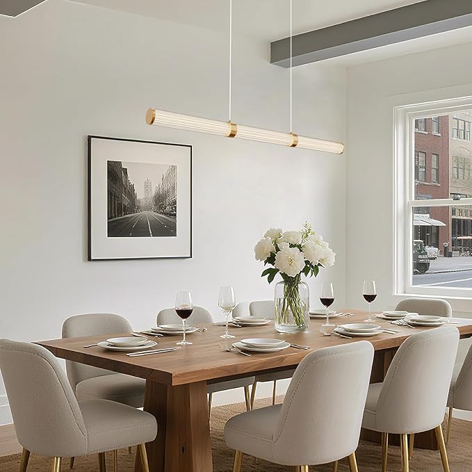 Modern Linear Chandelier Gold Linear Pendant Light Fixture, LED Dimmable Island Chandelier for Kitchen Island, Dining Room, and Living Room, Easy to Install.
