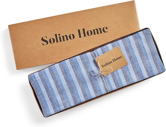 Solino Home Linen Cloth Placemats Set of 4 - Amalfi Stripe 100% Pure Linen Bistro Blue Farmhouse Placemats 14 x 19 Inch