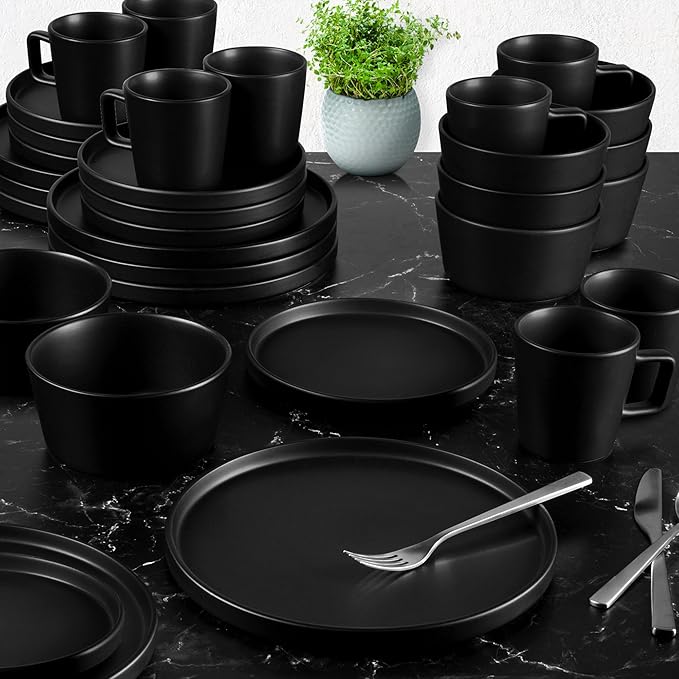 Zulay Kitchen Terra Stoneware 32-Piece Dinnerware Set, Artisanal Ceramic Plates and Bowls Set Crafted at 2300℉ - Service for 8, Black Matte