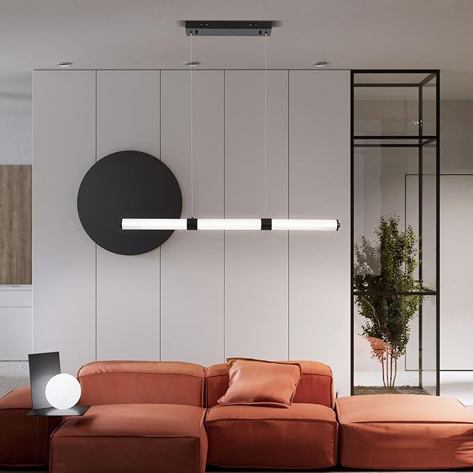 Modern Linear Chandelier, LED Dimmable Black Pendant Light Fixture for Kitchen Island, Dining Room, and Living Room Contemporary Linear Ceiling Light, Easy to Install.