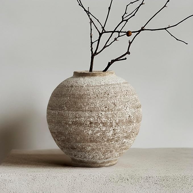 Ceramic Farmhouse Vase Rustic Decor,Pottery Decorative Flower Vases for Home Decor,Boho Vase for Table, Living Room,Bathroom,Shelf,Mantel Decoration,5.5 inch