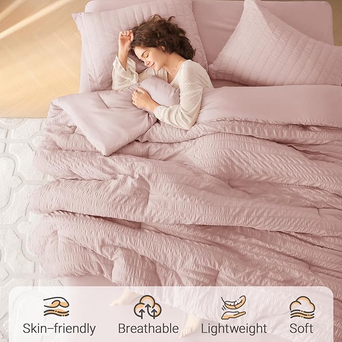 MUXHOMO 5 Pieces Twin XL Comforter Set, Seersucker Bed in a Bag Twin XL Size, All Season Luxury Bedding Set with Comforter, Flat Sheet, Fitted Sheet, Pillowcase & Sham, Rose Gold