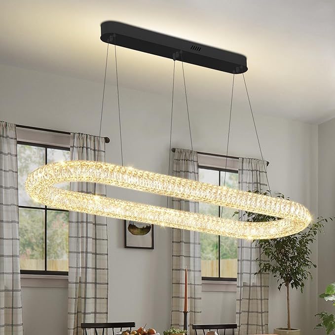 Oval Crystal Chandelier, 47.2'' Black Crystal Ring Pendant Light for Kitchen Island Modern Linear Oval Chandeliers for Dining Room Dimmable 3000K-6000K