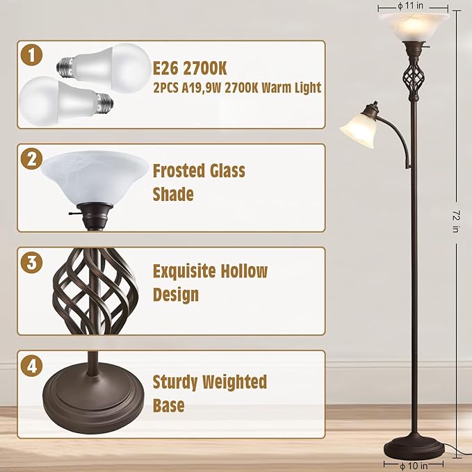 Torchiere Floor Lamp for Living Room, LED Standing Reading Light for Bedroom with Glass Shade for Living Room Corner Bedroom Home Office,Bulbs Included (Red Brown,Glass 2 Head)