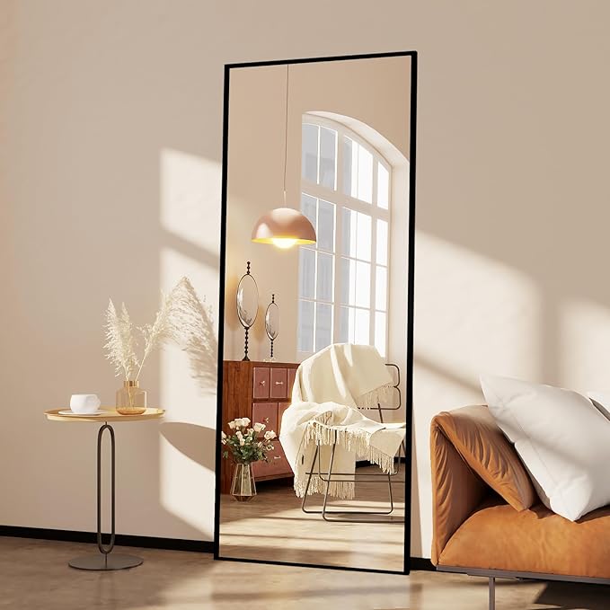 65"x24"Full Length Mirror with Stand,Black Full Body Mirrorr,Shatterproof Tempered Glass&Aluminum Alloy Frame,Freestanding Large Mirror for Bedroom,Living Room,Dressing Room