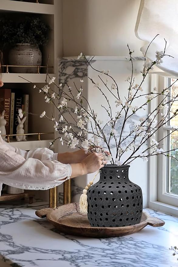 Ceramic Flower Vase Home Decor - 10 Inch Rustic Hollow Black Pottery Vase Modern Farmhouse Vintage for Centerpieces House Living Room Dining Table Shelf Mantel Decoration