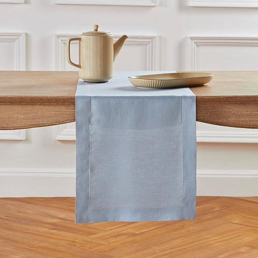 Solino Home Linen Table Runner 120 Inches Long - 100% Pure Linen Dusty Blue Table Runner 14 x 120 Inch for Fall, Autumn, Thanksgiving - Classic Hemstitch