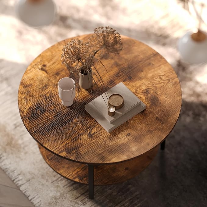 FABATO Round Lift Top Coffee Table with Storage and Hidden Compartment, 26.77'' Farmhouse Coffee Table for Living Room Reception Room, 2 Tier Small Round Coffee Table Circle Dining Table, Rustic Brown