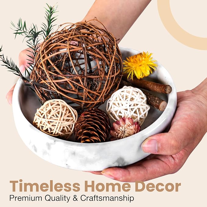 Marble Decorative Bowl - 7.5" White/Grey Solid Marble Centerpiece - Handmade Stone Fruit Bowl - Catch-All or Key Bowl for Kitchen - Modern Minimalist Decor