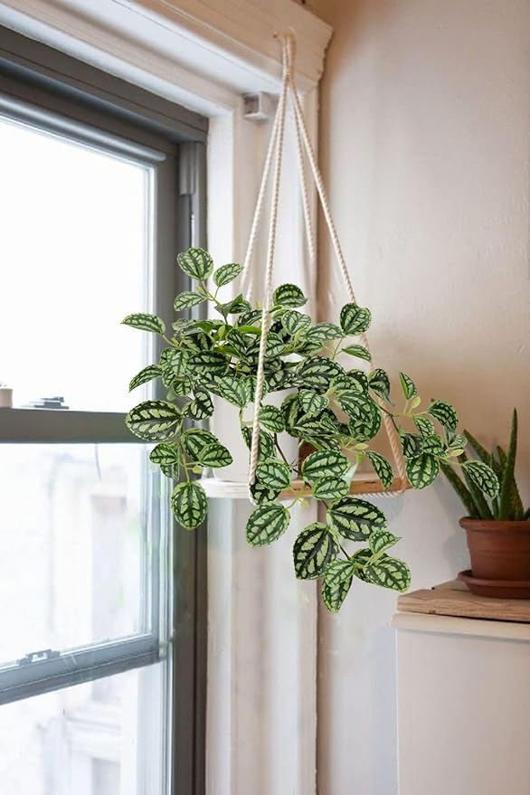 Fake Hanging Plants, 20 Inch Artificial Ivy Plant in Ceramic Pot Faux Watermelon Peperomia Trailing Vine Plant Potted for Home Bedroom Office Table Shef Desk Indoor Outdoor Decor Green