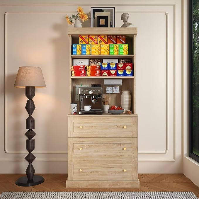 71" Tall Farmhouse Kitchen Pantry Cabinet, Freestanding Coffee Bar Hutch with Microwave Stand, Large Storage Cabinet with Drawers & Adjustable Shelves for Kitchen or Living Room, Rustic Brown