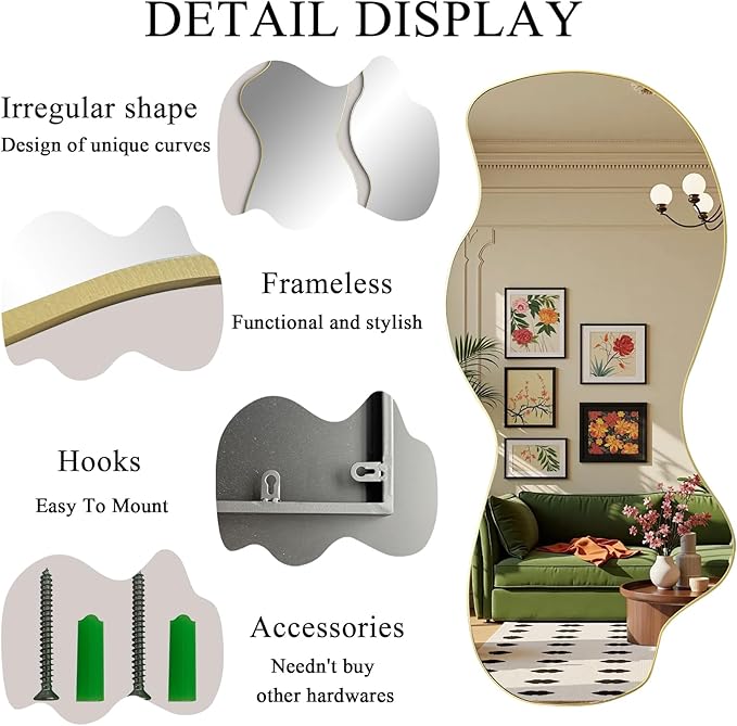POZINO Irregular Wall Mirror, Gold Asymmetrical Mirrors Decorative, 47.2"x21.6" Large Wavy Shaped Mirror, Modern Frameless Wall Mirrors for Living Room Bathroom Bedroom Hallway Entryway Fireplace