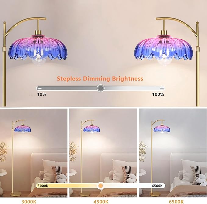 Floor Lamp for Living Room,Bedroom,Gold Dimmable Standing Lamp with Remote,Mid Century Modern Brass Tall Lamp Retro Vintage Glass Lamp Floor Light Boho Bohemian