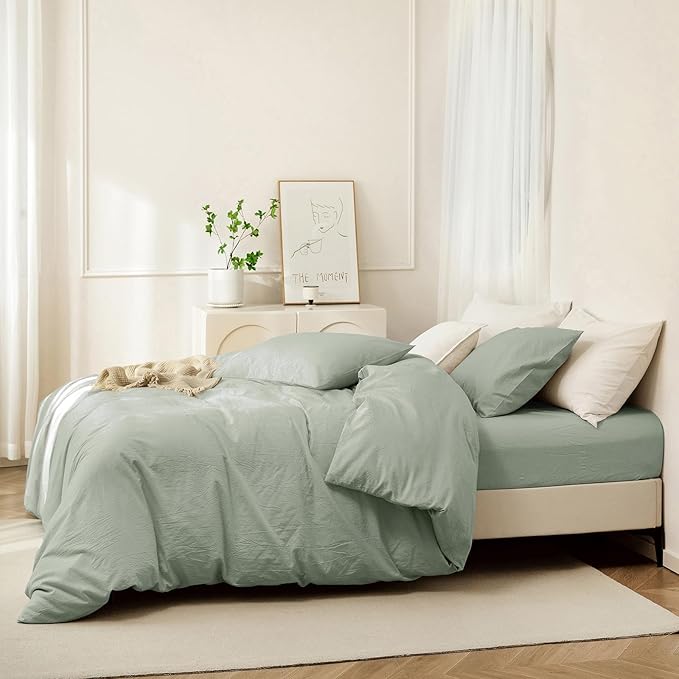 JIYUAN 100% Washed Cotton Duvet Cover Set 3 PCS Oversized King, 1 Duvet Cover 120"x98" (Comforter Not Included) and 2 Pillowcases,Linen Feel Bedding Set Comfy and Breathable, Heathered Sage Green