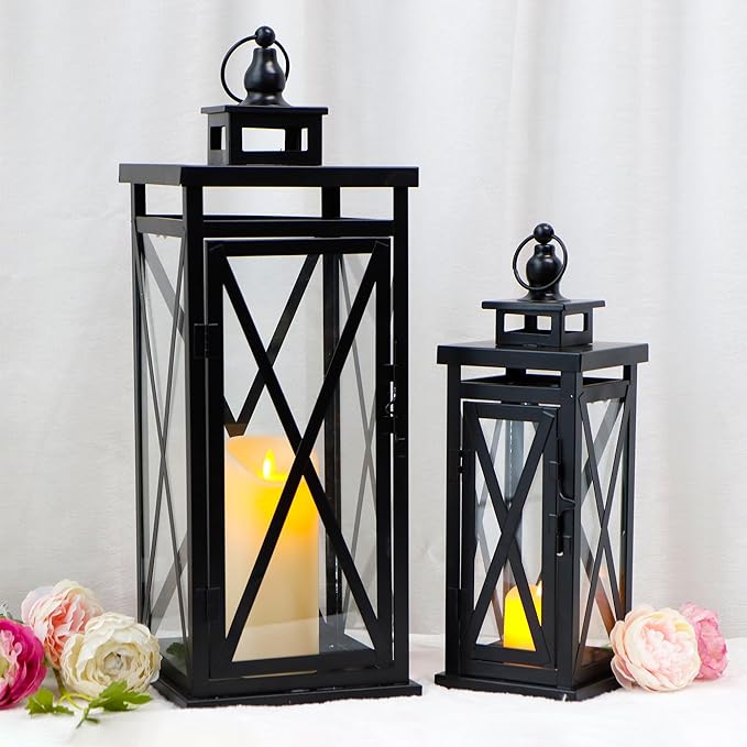 TRIROCKS Set of 2 Deacorative Candle Lantern 20'' & 11'' High Metal Candle Holder Hanging Lanterns with Tempered Glass Perfect for Indoor Outdoor Home Decor Parties Garden Events Wedding (Black)
