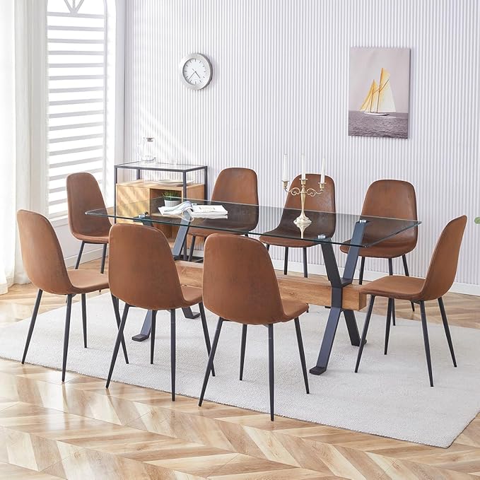 9 Piece Glass Dining Table Set, Kitchen Table Chairs Set for 8, 71'' Dining Table with 0.4" Tempered Glass Tabletop with Plated Metal Legs and MDF Crossbar, 8 Suede Chairs for Dining Room, Kitchen.