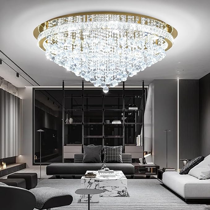 Dia 40" Modern Crystal Chandelier,Large Chandelier for Living Room Gold Flush Mount Chandeliers Crystal Ceiling Light for Dining Living Room Bedroom
