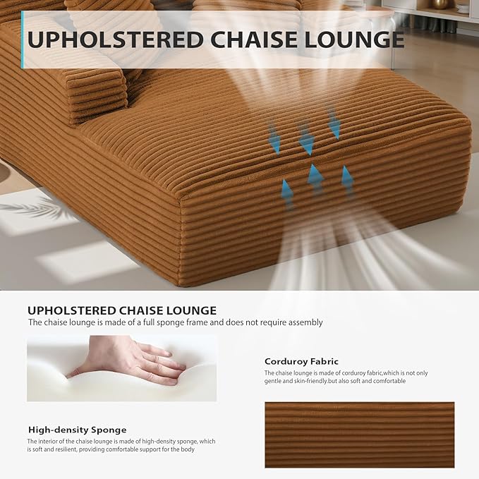 Oversized Chaise Lounge, Corduroy Sofa Bed Chair Indoor with Throw Pillows, Cozy Cloud Couch, Upholstered Sleeper Sofa Couch for Living Room, Bedroom, Apartment, Light Gray