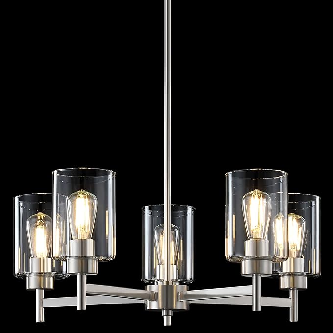 Doraimi Lighting 5 Light Chandelier Clear Glass Shades Classic Style Ceiling Pendant Light Fixture Brushed Nickel Finish for Meeting Room Dining Room Over Table Living Room