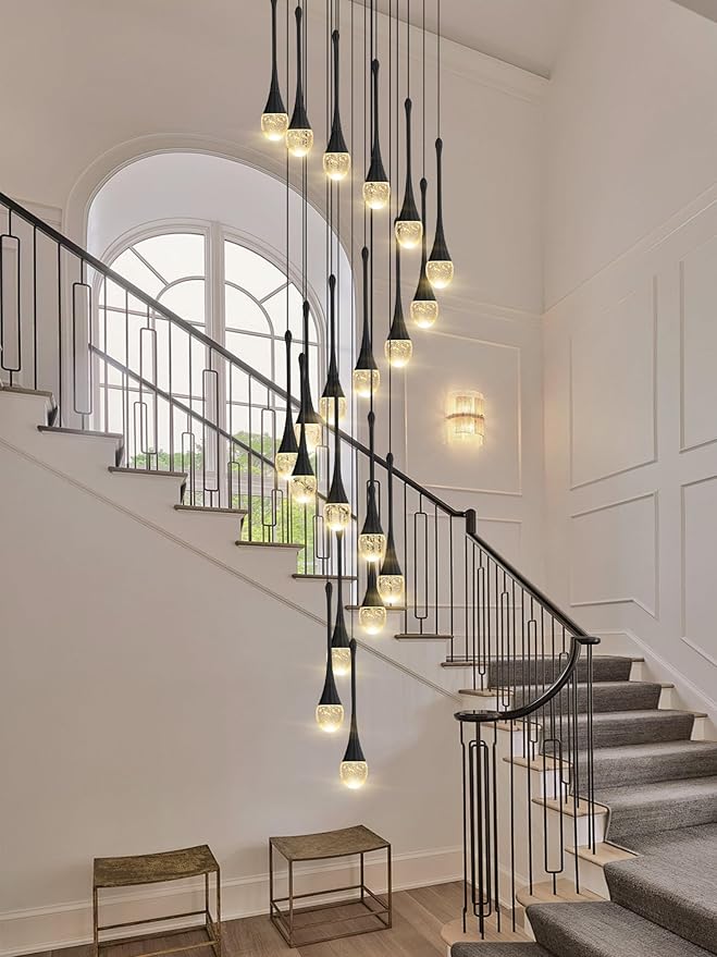 138'' Modern Chandelier,20-Lights Black Modern Pendant Light Fixture Staircase Large Chandelier Lobby Living Room Bedroom Foyer High Ceiling Chandelier