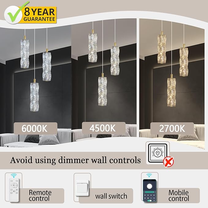3-Light Gold Chandelier with Dimmable Ceiling Light Crystal Pendant Light for Kitchen Island, Dining Room, Living Room, Entry Hallway