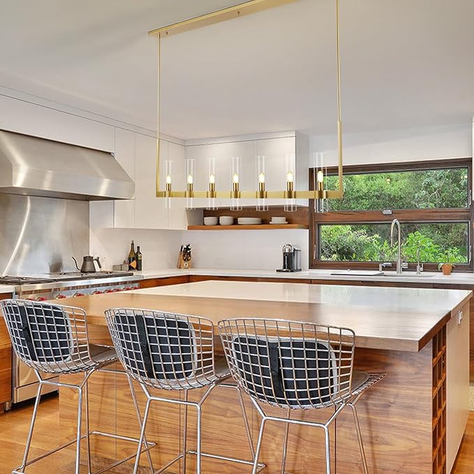 Modern Gold Linear Chandelier 59 in,Chandeliers for Dining Room 7 Light, Kitchen Island Lighting Fixture, Adjustable Chandelier over Dining Table, Gold Glass Chandelier Light Fixture, Includes Bulbs