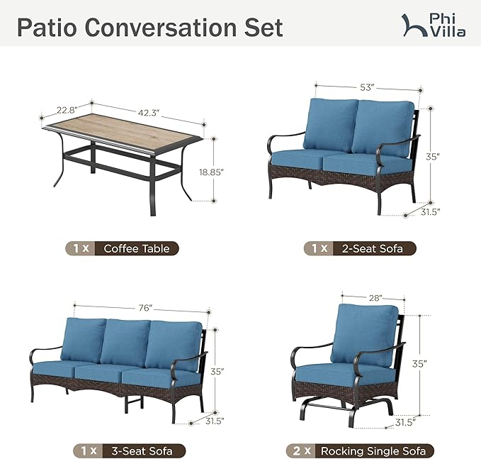 PHI VILLA Outdoor Modern Patio Furniture Set, Upgraded Wicker&Metal Patio Furniture Conversation Set with Waterproof Thick Cushions for Porch, Poolside, Deck, and Yard (5 Pieces,Navy)