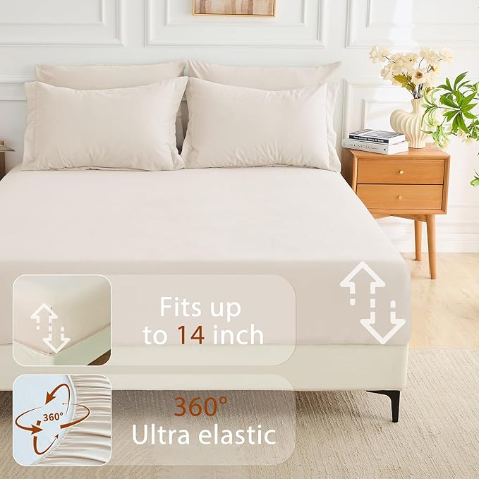 MUXHOMO 7 Pieces California King Comforter Set, Soft Bed in a Bag Cal King Size, All Season Bedding Set with Comforter, Flat Sheet, Fitted Sheet, Pillowcases & Shams, Beige